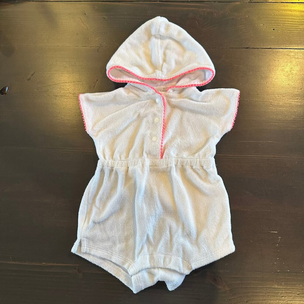 Janie and Jack White Hooded Towel Romper with Pink Trim